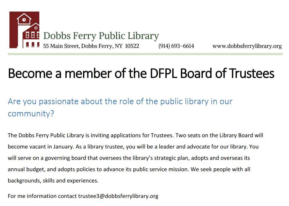 DobbsFerryLib's tweet photo. Are you passionate about the role of the public library in our community? Become a member of the DFPL Board of Trustees!
Want more info? Contact trustee3@dobbsferrylibrary.org!
#dobbsferry #rivertowns #dobbs #dobbsferryny #library #libraries #librarytrustee #libraryboard https://t.co/jlp7NZkk4z