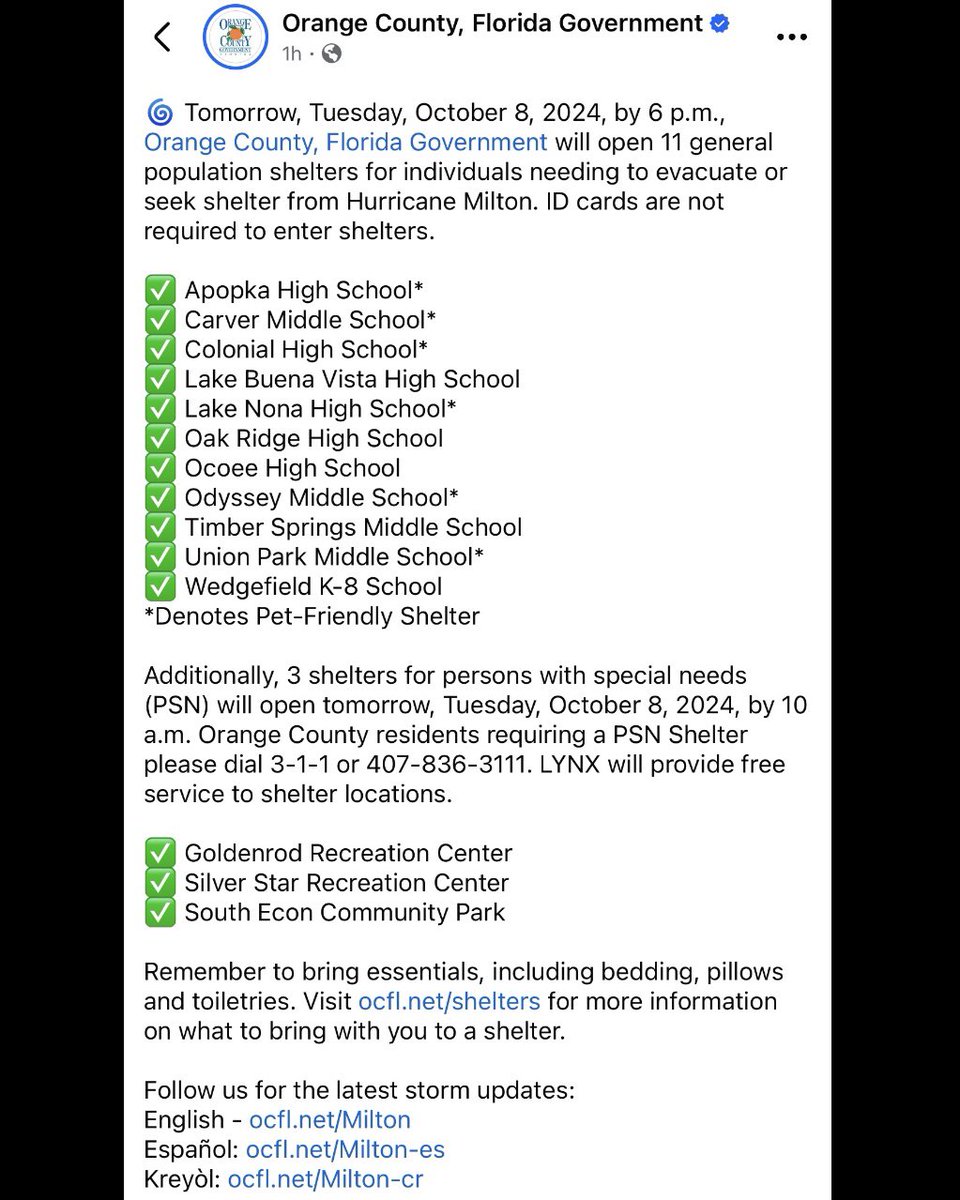 Orange County Sheriff's Office (@orangecosheriff) on Twitter photo Save this photo! ⬇️ Here’s your Orange County shelter info from <a href="/OrangeCoFL/">Orange County FL</a>, as we prepare for #HurricaneMilton. Save this photo! ⬇️ Here’s your Orange County shelter info from <a href="/OrangeCoFL/">Orange County FL</a>, as we prepare for #HurricaneMilton.
