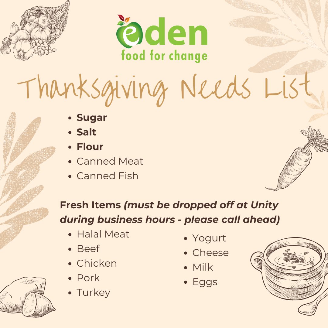 EdenFood4Change's tweet photo. Weekday food bank shifts are open for those in need. This Thanksgiving, check out our special Needs List in lieu of #MostNeededMonday.
Your online donations make a big difference: https://t.co/gKISmHdLJs.
Thank you! 🍂 https://t.co/yYRLwhHhjt