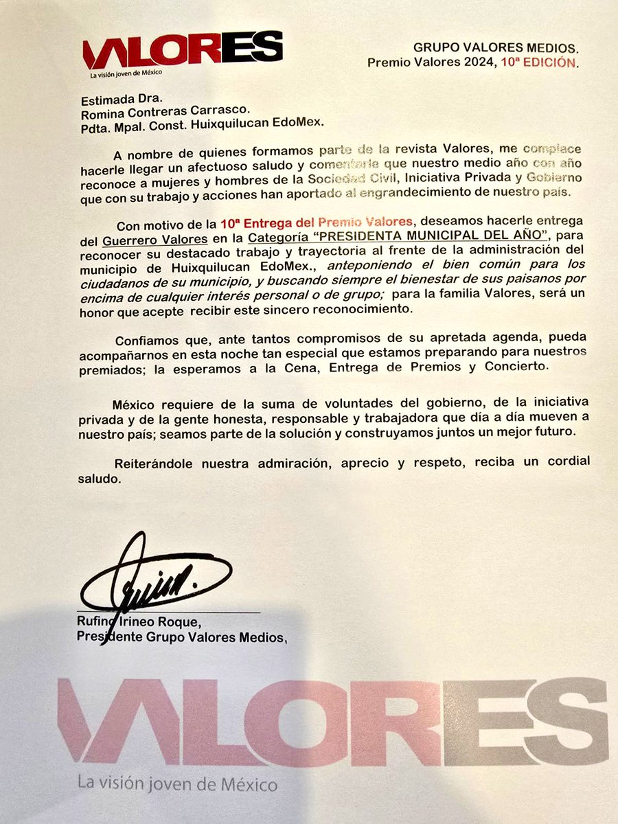 RominaCDV's tweet photo. Con mucho orgullo, les comparto que recibiré el Premio Valores como "Presidenta Municipal del Año", por el trabajo que hemos hecho en los últimos tres años en Huixquilucan. ¡Gracias por su confianza! https://t.co/zmvoLfEQuN