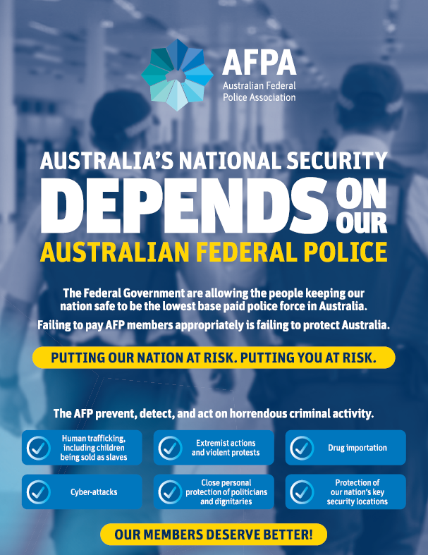 .<a href="/AlboMP/">Anthony Albanese</a>, <a href="/SenKatyG/">Katy Gallagher</a> &amp; <a href="/MarkDreyfusKCMP/">Mark Dreyfus</a>. It's time to recognise that <a href="/AusFedPolice/">AFP</a> appointees are critical in protecting Australia. Don't weaken national security by allowing AFP appointees to be undervalued &amp; underpaid.

Our most recent survey showed that pay was a key concern