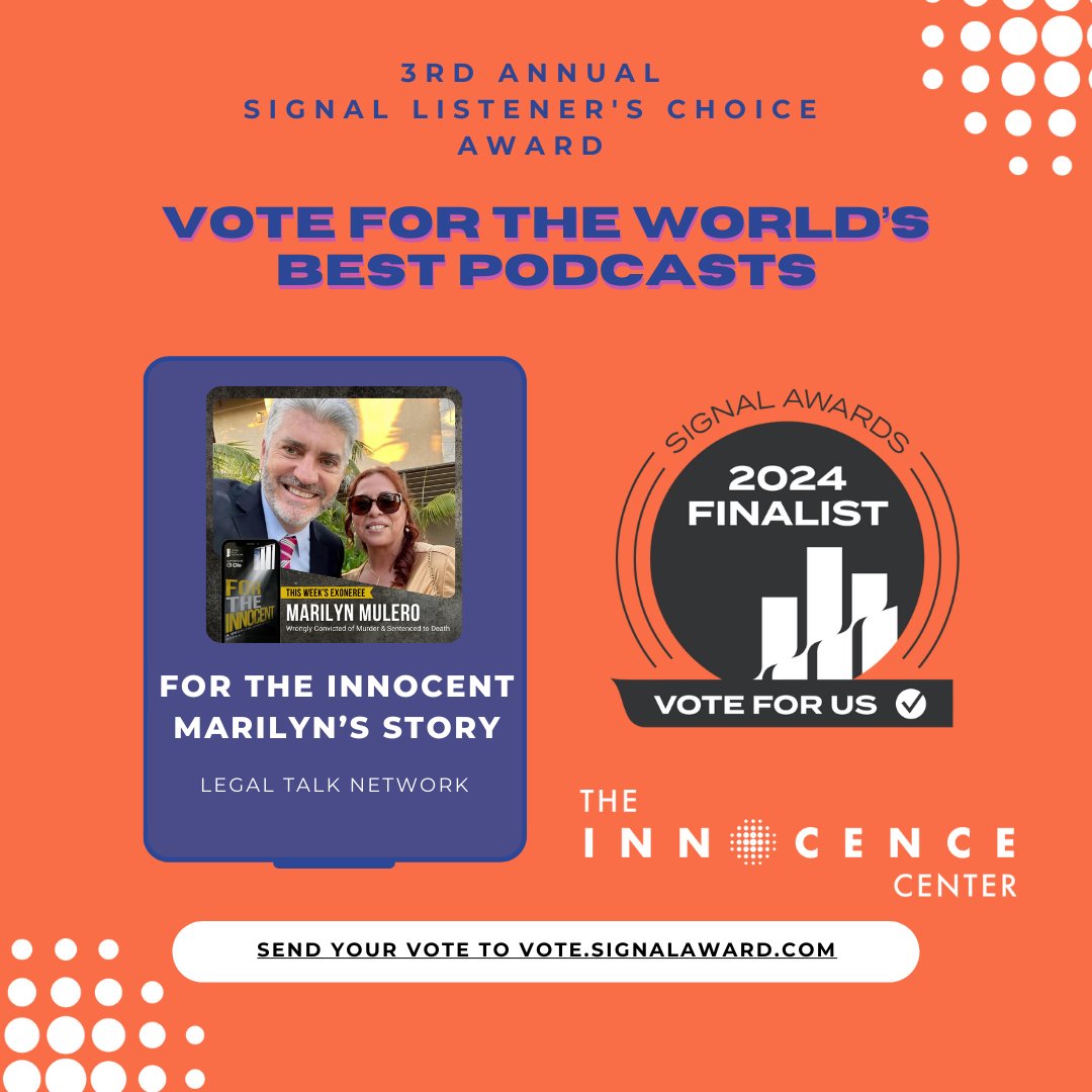 TheInnCenter's tweet photo. ✨ We need YOUR help! ✨

Marilyn Mulero’s episode of @LegalTalkNet's For the Innocent is a finalist in the Signal Awards! 🎉 Winning this award would be transformative for our mission to Free the Wrongfully Convicted &amp; support our clients. 🗳️ Voting ends Oct 17! 🙌 https://t.co/o7QMoW571W