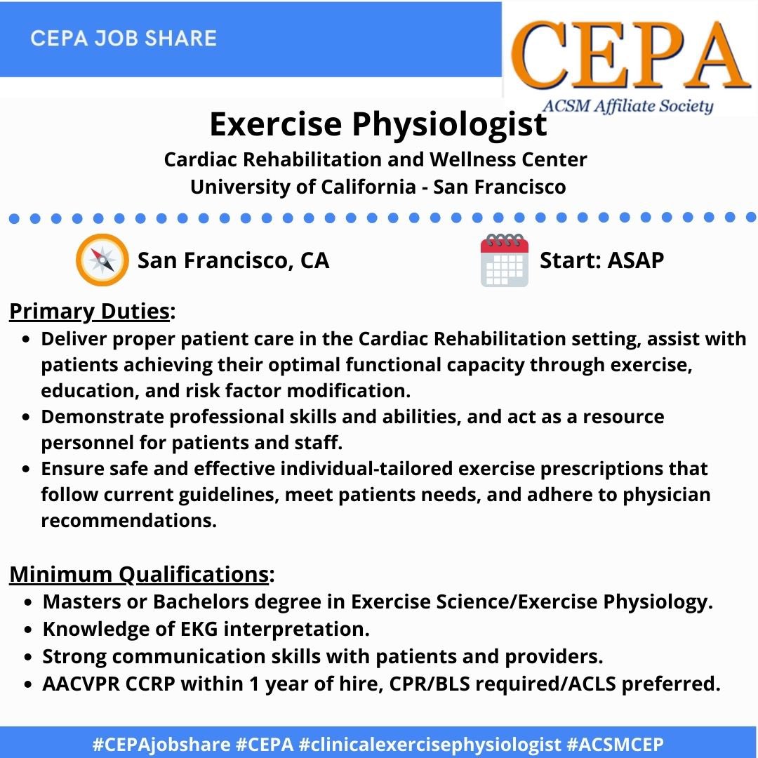 The Cardiac Rehabilitation and Wellness Center at University of California (San Francisco) is hiring an Exercise Physiologist! See post or link below for more details.

diversityjobs.com/career/9490000…

#CEPA #ACSMCEPA #CEPAjobshare #CEP