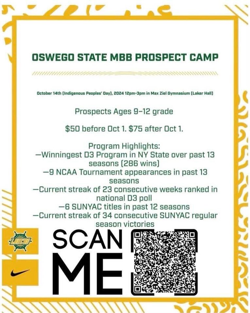 1 Week Away from <a href="/OswegoMBball/">Oswego State Men's Basketball</a> Prospect Camp! Still spots available! 

⭐️ Evaluation from our Coaching Staff
⭐️ Learn about Oswego MBB Program
⭐️ Skills, Drills, Gameplay
⭐️ Campus Tour/Presentation