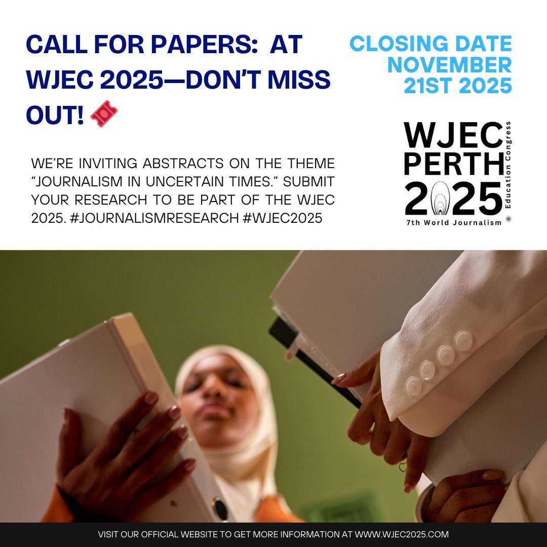 We’re inviting abstracts on the theme “Journalism in Uncertain Times.” Submit your research to be part of the WJEC 2025. #JournalismResearch #WJEC2025. Visit —&gt; wjec2025.com for more!