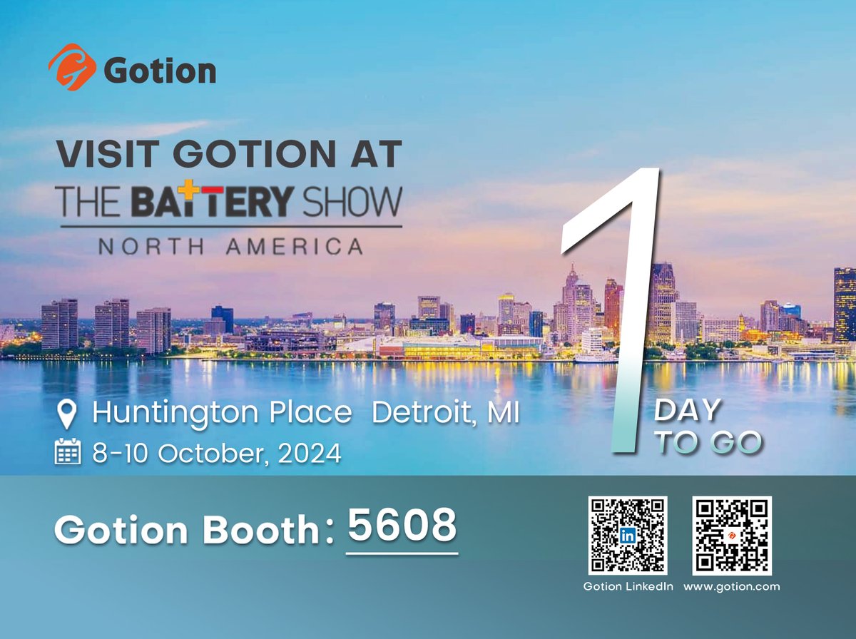 See you in Detroit for #TheBatteryShow! 🎉 

Explore our advanced technologies and solutions.

#Gotion is your partner for clean energy excellence. 🔋 

Join us for 3 days of innovation and industry insights!

📅 8-10 October 2024
📍 Huntington Place Detroit, MI
📢 Booth: 5608