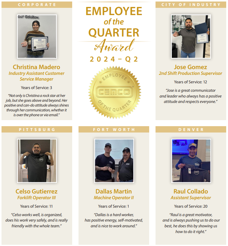 We’re proud to highlight the hard work and dedication of our Employees of the Quarter for Q2 2024.

Join us in applauding their exceptional contributions and wishing them continued success! #cemcosteel