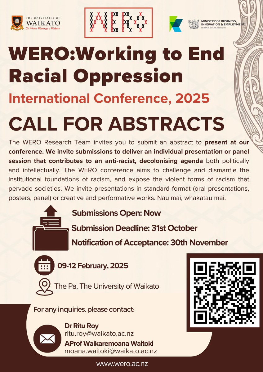 2nd Call for Papers: Working to End Racial Oppression International Conference. ivvy.com.au/event/6HQTOW/h…

9-12 Feb 2025: University of Waikato. 

Featuring: Linda Tuhiwai Smith, Michelle Johnson-Jennings, Jeffrey Ansloos, Donna Cormack, Ruha Benjamin, Veronica Tawhai, Nate Rew.