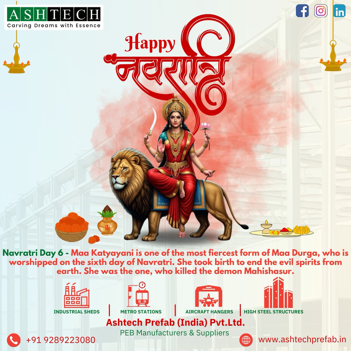 AshtechPrefab's tweet photo. "On the sacred day of Maa Katyayani, we seek her courage to overcome challenges, Ashtech Prefab builds with resilience and precision, creating structures that stand strong against all odds. May her blessings lead us toward progress and success. #MaaKatyayani #AshtechPrefab" https://t.co/7n5EPpURZf