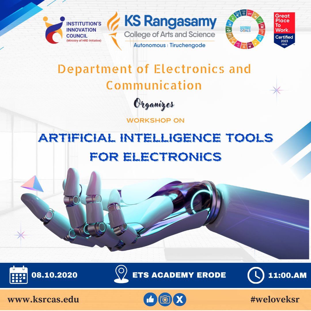 ksrcas1995's tweet image. Department of Electronics and Communication organizing Workshop on Artificial intelligence tools for Electronics for B.Sc., Electronics and Communication students on 08.10.2024.
#AIinElectronics #ElectronicsWorkshop #FutureOfElectronics #WeLoveKSR