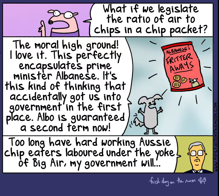 JonesHowDareYou's tweet photo. I just heard Jon Stewart on last night's The Daily Show mention in passing that one of the things Americans don't agree on is "shrinkflation of snack chips."
Is Washington dictating all of the Australian Labor government's policies? ๐ซ #auspol #FirstDogOnTheMoon https://t.co/oDwUpJduXZ