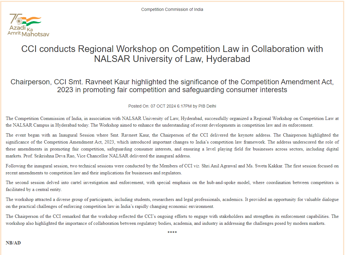 #CCI conducts a Regional Workshop on Competition Law in Collaboration with #NALSAR University of Law, Hyderabad.

The significance of the #CompetitionAmendmentAct,2023 in promoting fair competition was highlighted.

Read more at pib.gov.in/PressReleasePa…