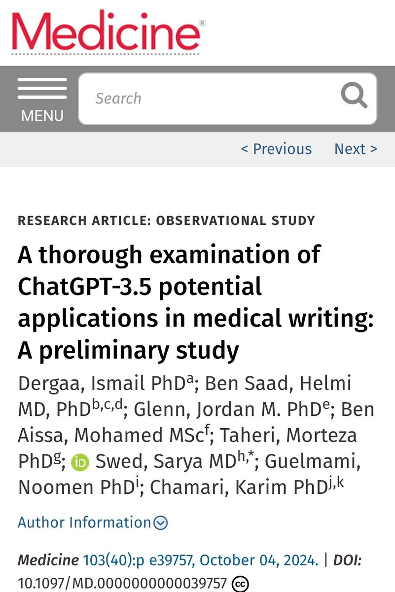 Chat-GPT 3.5 &amp; medical writing... I hop you will like the paper

<a href="/ChatGPTapp/">ChatGPT</a>
<a href="/OpenAI/">OpenAI</a>
<a href="/IDergaa/">Dr. Ismail Dergaa</a>
<a href="/HHHMMBENSAAD/">Helmi BEN SAAD</a>

journals.lww.com/md-journal/ful…