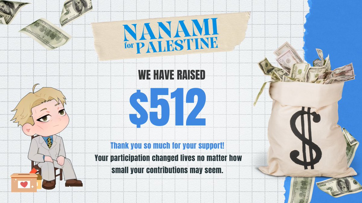 Nanami4Plstn's tweet photo. It's been a month since #NanamiForPalestine🍉 was concluded! Thank you so much to our team, contributor, donors, and supporters for all forms of help they have provided to this cause. We've raised $512! https://t.co/J5YKMmaF9R