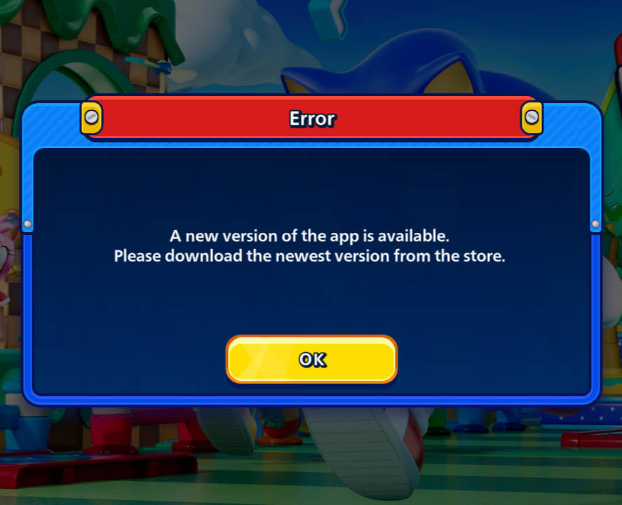 Cpt_Fuzzball's tweet photo. @Sonic_Rumble So, is maintenance done, but the new version not uploaded to store yet?

Cause I even reinstalled, but still get this error. https://t.co/ItAIDYHRzL