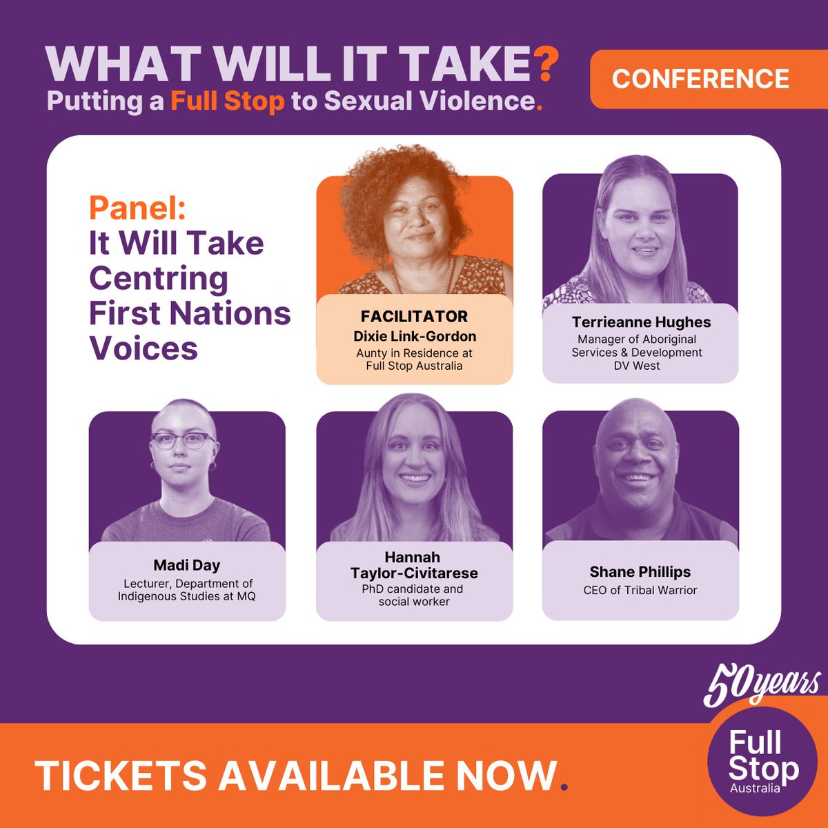 Join us on Tuesday, 5th November 2024 at NSW Teachers Federation Conference Centre in Surry Hills, on Gadigal Country.

Aunty in Residence at <a href="/FullStopAus/">Full Stop Australia</a>, Dixie Link-Gordon, is facilitating the first panel ‘It Will Take Centring First Nations Voices’, where she will yarn with: