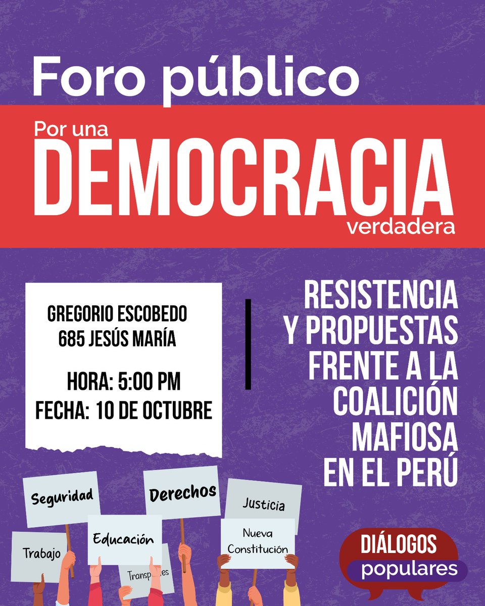 IndiraHuilca's tweet photo. Frente a la crisis y fragmentación, es nuestra tarea unir fuerzas y construir un futuro más justo. Te invitamos al Foro Público 'Por una Democracia Verdadera: Resistencia y Propuestas frente a la Coalición Mafiosa en el Perú'. ¡Te esperamos!
Inscríbete en:
https://t.co/wYDgJ7IzxN https://t.co/TuQbrIYmHo