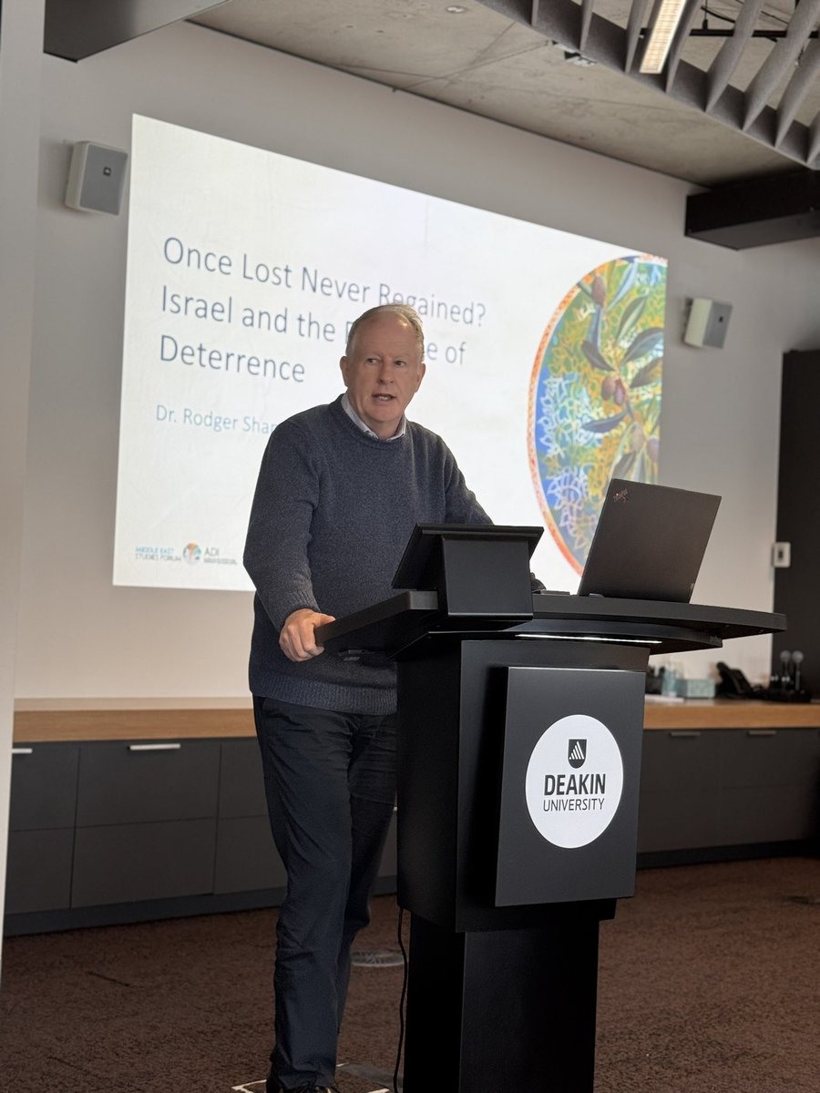 Shadi (@mrsshadisnape) on Twitter photo Dr. <a href="/RodgerShanahan/">Rodger Shanahan</a> presents on the enduring foundations of deterrence in Israel despite advances in technology and the ability of external actors to coordinate military action
within the region.
<a href="/MESF_Deakin/">Middle East Studies Forum</a>
#MESF2024 Dr. <a href="/RodgerShanahan/">Rodger Shanahan</a> presents on the enduring foundations of deterrence in Israel despite advances in technology and the ability of external actors to coordinate military action
within the region.
<a href="/MESF_Deakin/">Middle East Studies Forum</a>
#MESF2024