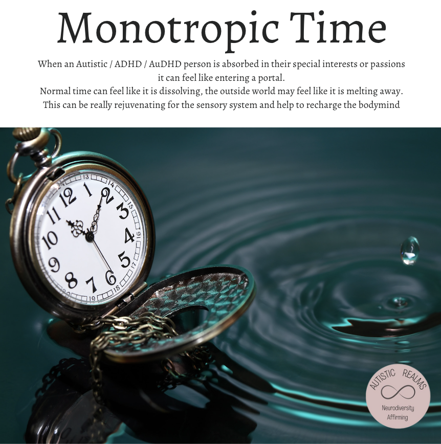 autisticrealms's tweet photo. #MonotropicTime #Monotropism
1/7
If you are #monotropic (#autistic/ #adhd) you may have noticed that when you're engaged in your passions or special interests you enter a type of #flow state. It may feel like time is dissolving, and instead ‘monotropic time' consumes you. https://t.co/orKsR0ACNF