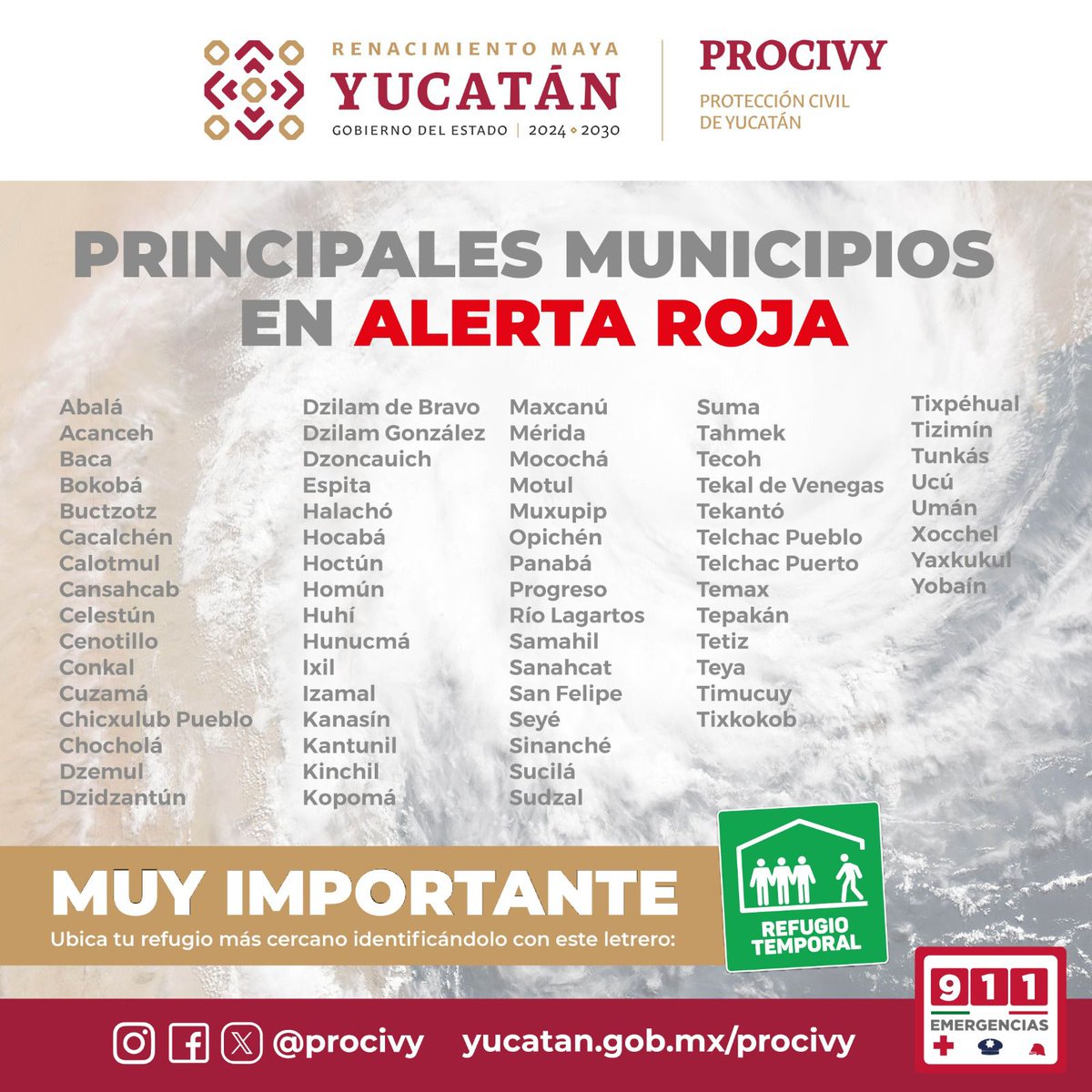 procivy's tweet photo. 🚨🔴 Municipios en #AlertaRoja tras la llegada del Huracán #Milton.

‼️ Es muy importante ubicar su refugio más cercano. Pueden hacerlo dando clic en el siguiente enlace: https://t.co/iIKbZjbMsk (1/2) https://t.co/DR46NwmYhl