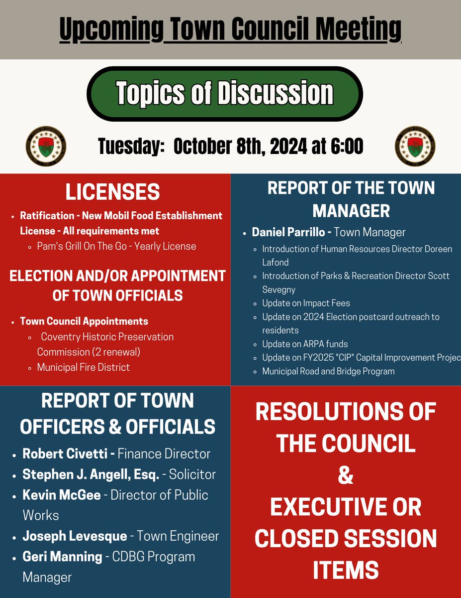 Join us virtually, in person, or on the Livestream for the first Town Council meeting of the month! 
For more information: coventryri.civicweb.net/Portal/Meeting…

#Coventry #RhodeIsland #towncouncilmeeting #October