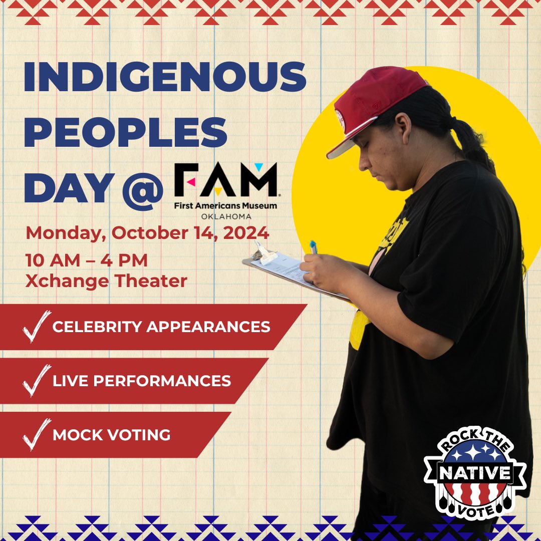 🎉 Join us on Indigenous Peoples Day!
Celebrate democracy with special guest Lane Factor. 📸 Also, live performances by AJ Harvey and Penny Pitchlynn 🎶. And don't miss our Mock Vote!
#RockTheNativeVote #ReservationDogs #LaneFactor #AJHarvey #PennyPitchlynn #NativeVoter #RNV2024