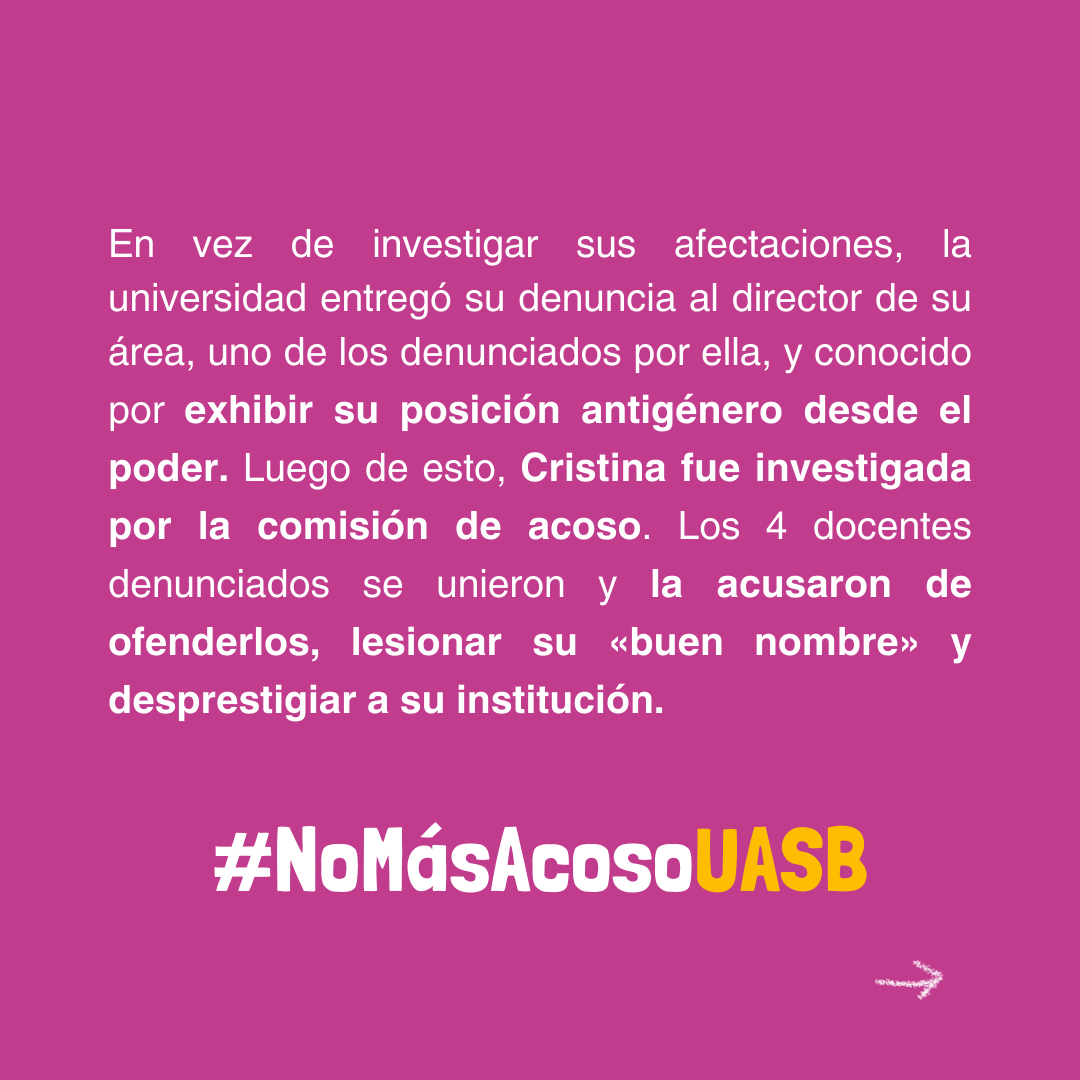 Feminismodes's tweet photo. Cristina,docente de la @uasbecuador, denunció a profesores de su área por acoso laboral y vulneraciones a la libertad académica por razones de género. A pesar de esto,la sancionada fue ella #NoMásAcosoUASB @cesarmontanog @Jose_SCornejo
Aquí su historia➡️https://t.co/JYKA0sEVa7
🧵 https://t.co/4QYef7G5gK