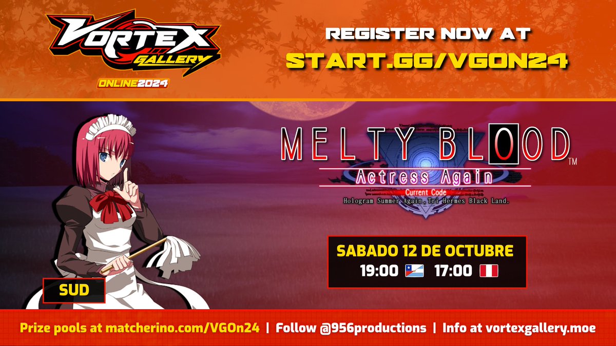 MeltySud's tweet photo. ¡Últimos días para anotarse a la Vortex Gallery online MBAACC para la región de Sud!
Las inscripciones cierran este Miercoles a las 23:59hs Arg/Chile y no se harán excepciones. Inscríbanse mientras puedan 👏 
⬇️Links para inscribirse abajo⬇️ https://t.co/dsGjJbkGAX