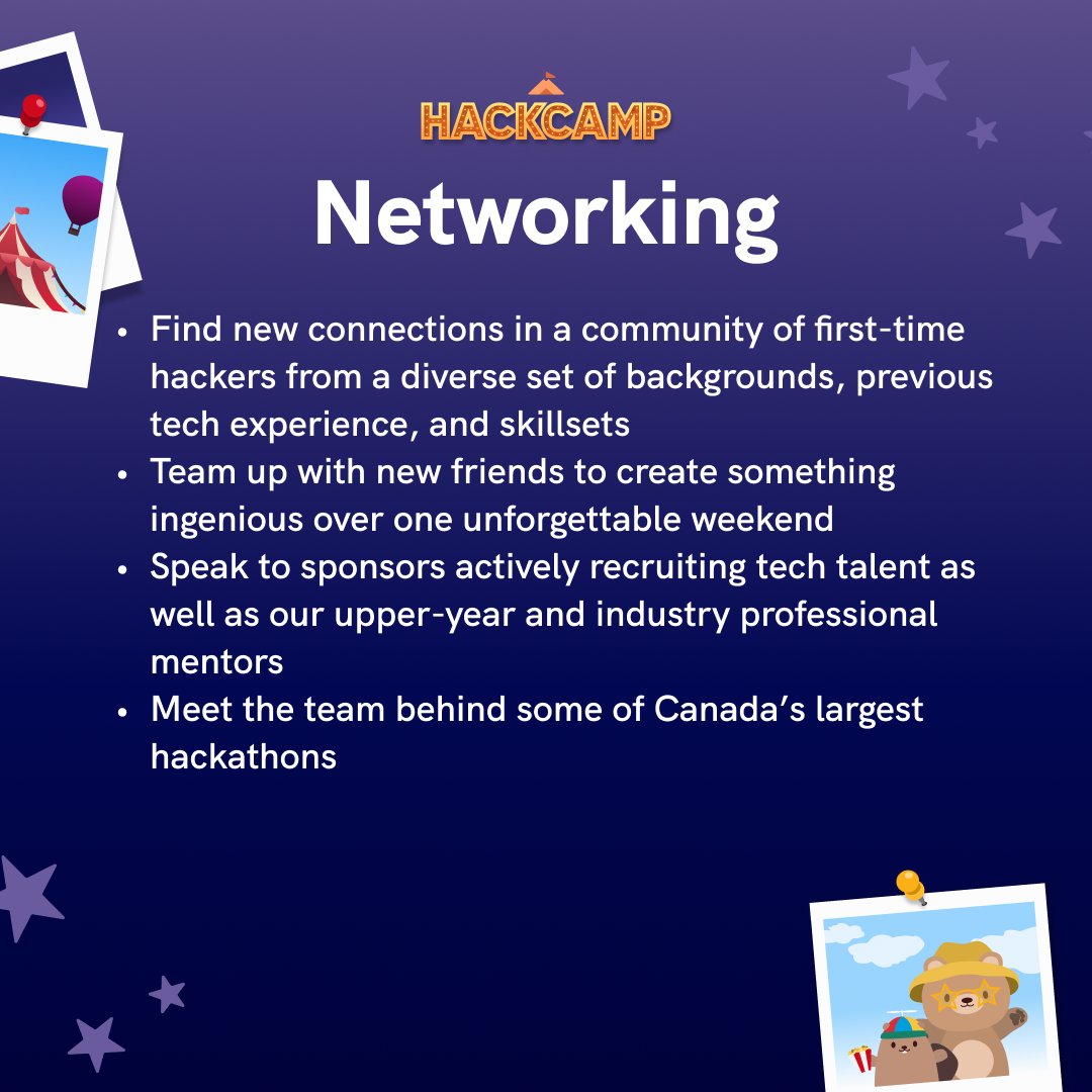 HackCamp is a two-day ride where you LEARN on day one and BUILD on day two, so here's what you can expect from our hackathon 🍭

Check out hackcamp.nwplus.io for more info ⛺️