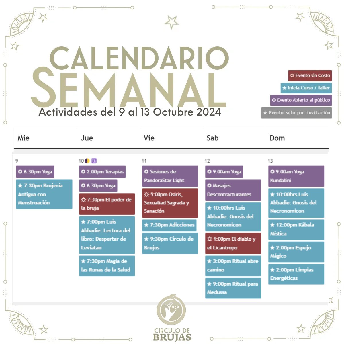 CirculoBrujas's tweet photo. ✪ Actividades del 9 al 13 Octubre 2024 ✪ - https://t.co/CqFsAxHHiH ¡No te pierdas nuestra agenda de la semana! Te invitamos a revisarla y asegurarte de estar al tanto de todas las actividades que tenemos preparadas para ti. canales de difusión https://t.co/e4t8oAt326 https://t.co/OuBCcbc81P