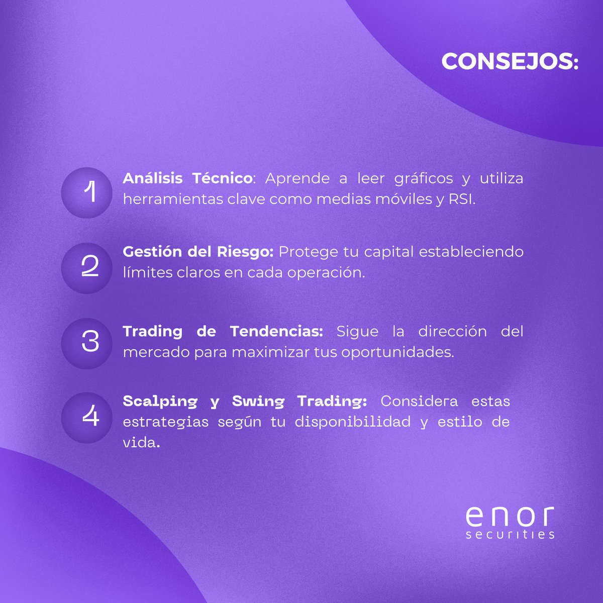 eNorsecurities's tweet photo. 🚀¿Eres nuevo en trading? 4️⃣ Consejos esenciales:
1️⃣ Análisis Técnico: Usa herramientas como RSI.
2️⃣ Gestión del Riesgo: Establece límites claros.
3️⃣ Trading de Tendencias: Sigue la dirección del mercado.
4️⃣ Scalping/Swing: Elige según tu estilo.
👉 Aprende y crece con #eNOR!
#TradingTips