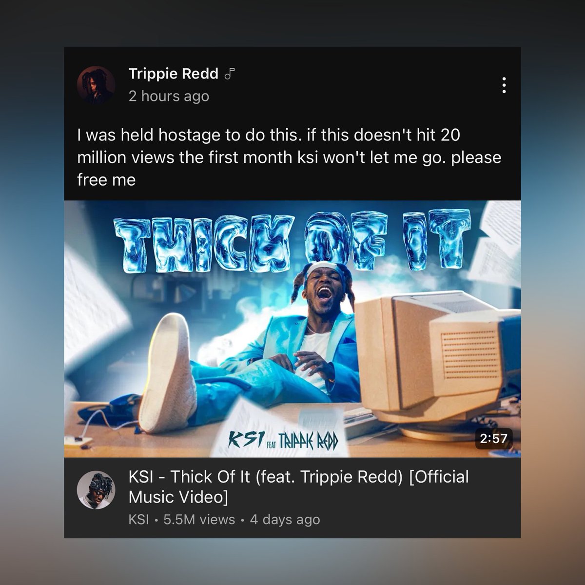 Kurrco's tweet photo. Trippie Redd speaks on his KSI 'Thick Of It' feature 👀

"I was held hostage to do this."