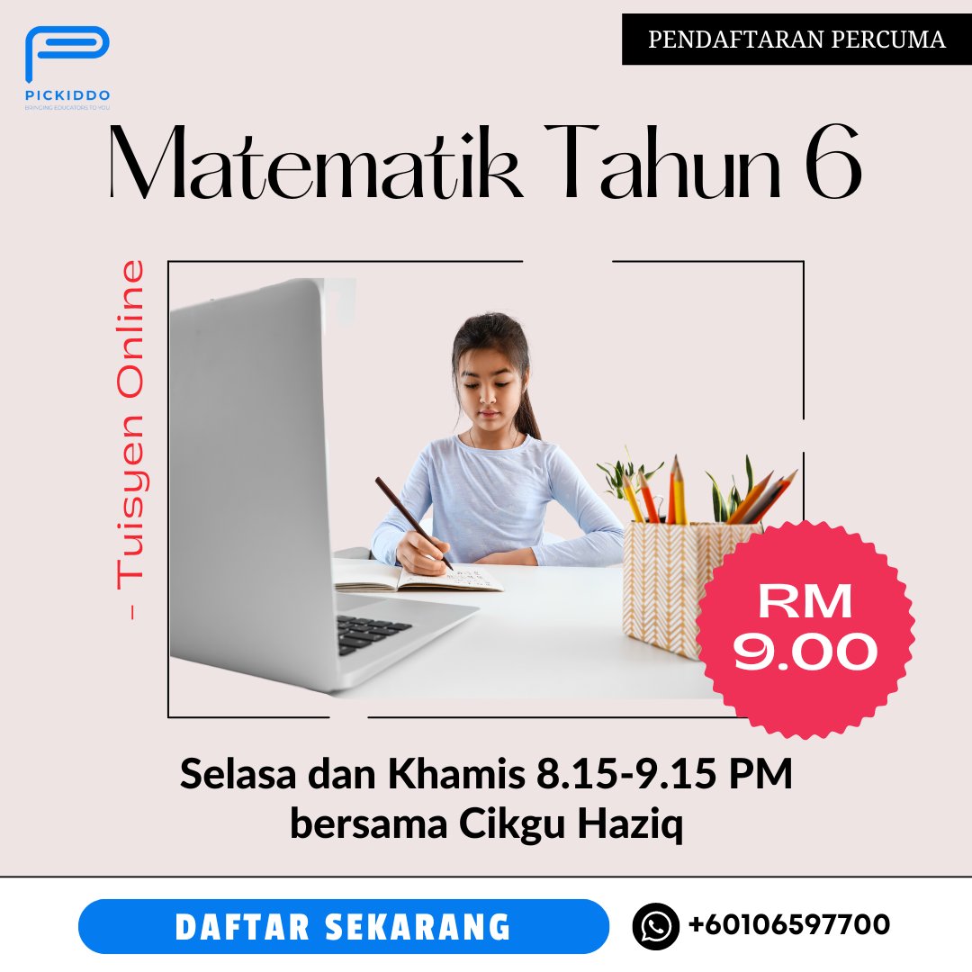 pickiddo's tweet photo. Tuisyen Online Matematik 🧮 

Khas untuk pelajar darjah 6. Jom belajar dengan tutor berpengalaman dengan harga yang berbaloi 🧠📚 

#Math #Matematik #Maths #Tahun6 #Darjah6 #Online #Tuisyen https://t.co/VHWtXTHpEs