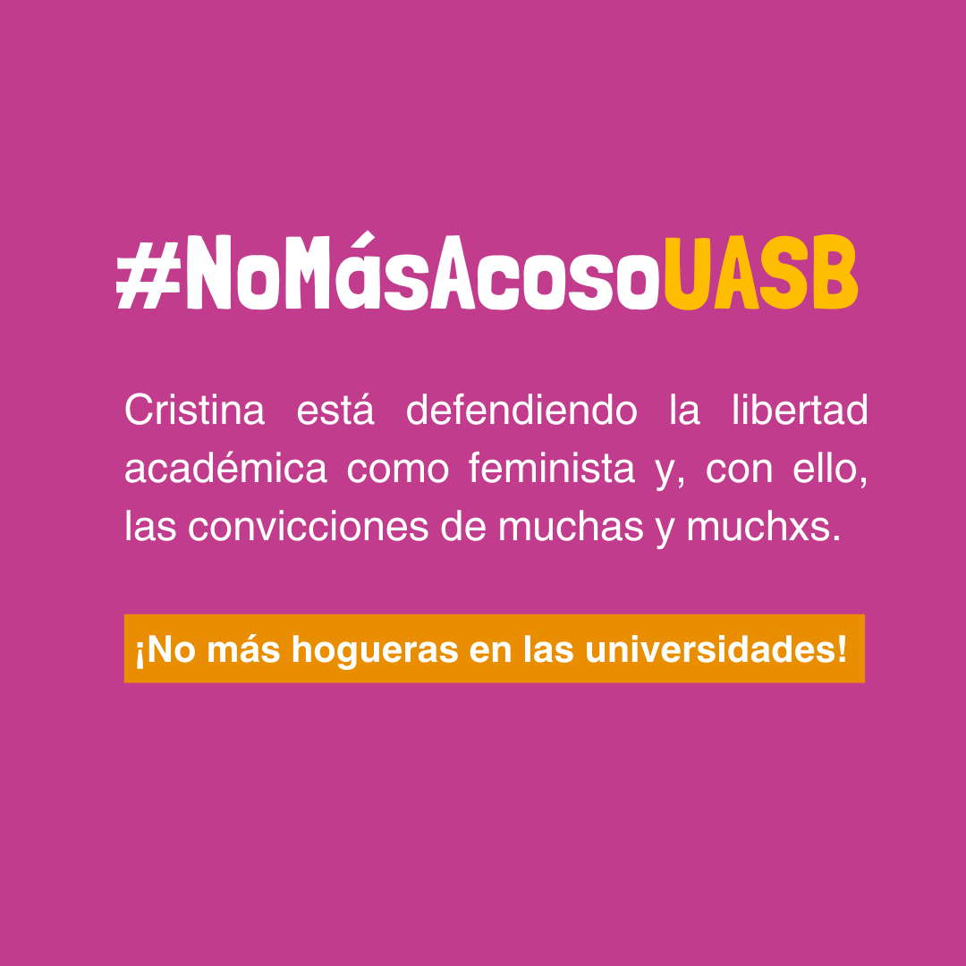 Feminismodes's tweet photo. @uasbecuador @cesarmontanog @Jose_SCornejo @CJudicaturaEc La @uasbecuador ha vulnerado la libertad académica de Cristina al perseguirla por tener una posición pública feminista que además es crítica de su propia institución, como es su legítimo derecho. #NoMásAcosoUASB  @cesarmontanog  @Jose_SCornejo @CJudicaturaEc https://t.co/b0ddBMTnVg
