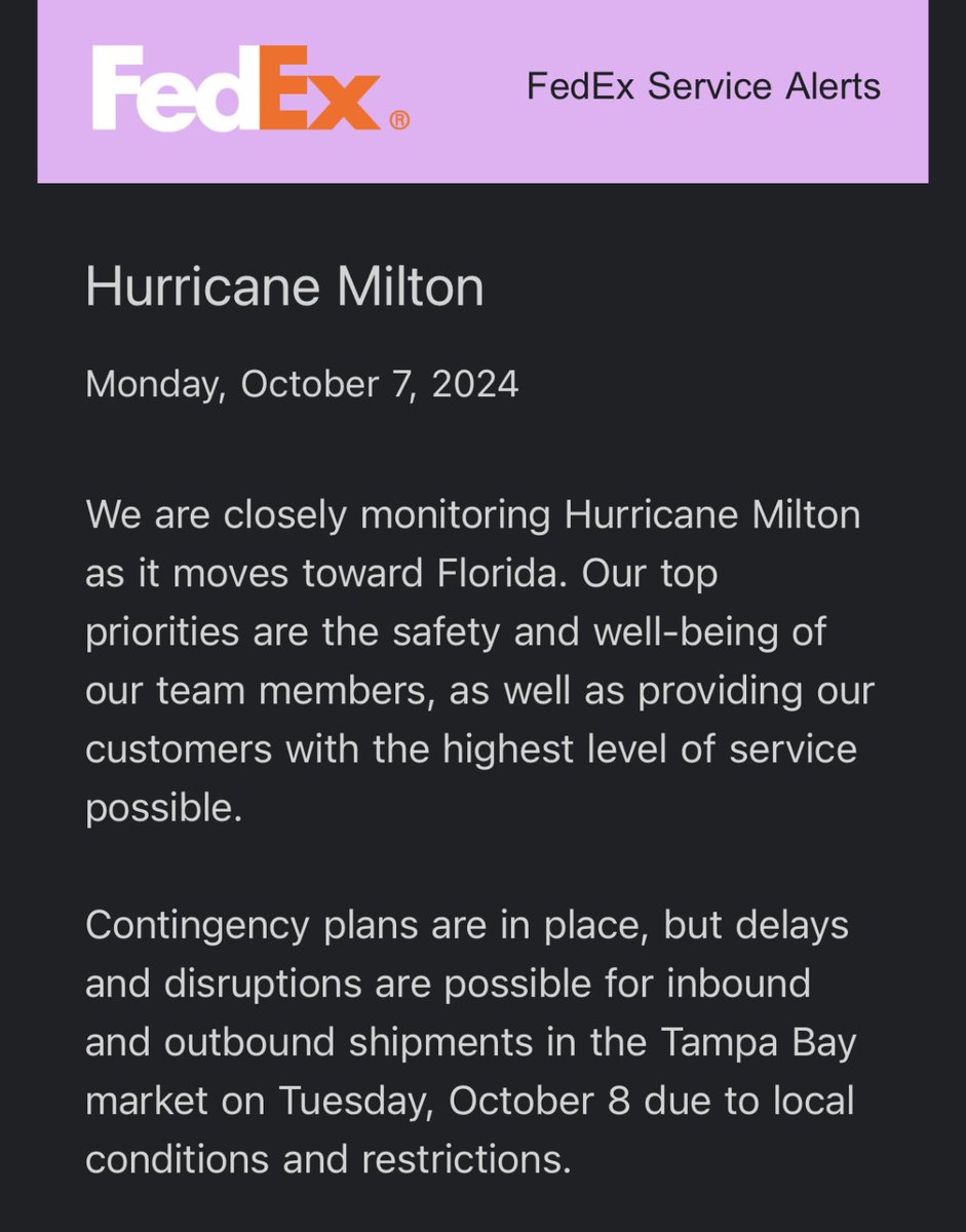 Something about FedEx warning about interruptions in service for #HurricaneMilton feels extra chilling