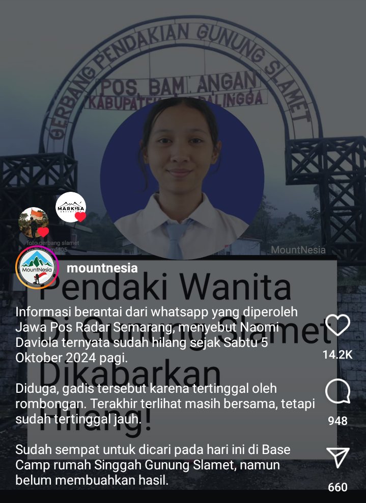 WidasSatyo's tweet photo. Ikut bantu sharing yang lagi rame di wa grup. Ada pendaki yg diduga hilang dan belum ditemukan di Gunung Slamet. 

Barangkali temen-temen abis naik dari sana dan sempet ketemu sama beliau, bisa langsung kasih kabar ke keluarga atau tim basecamp Gn. Slamet ya. https://t.co/FKHFiBzRmA