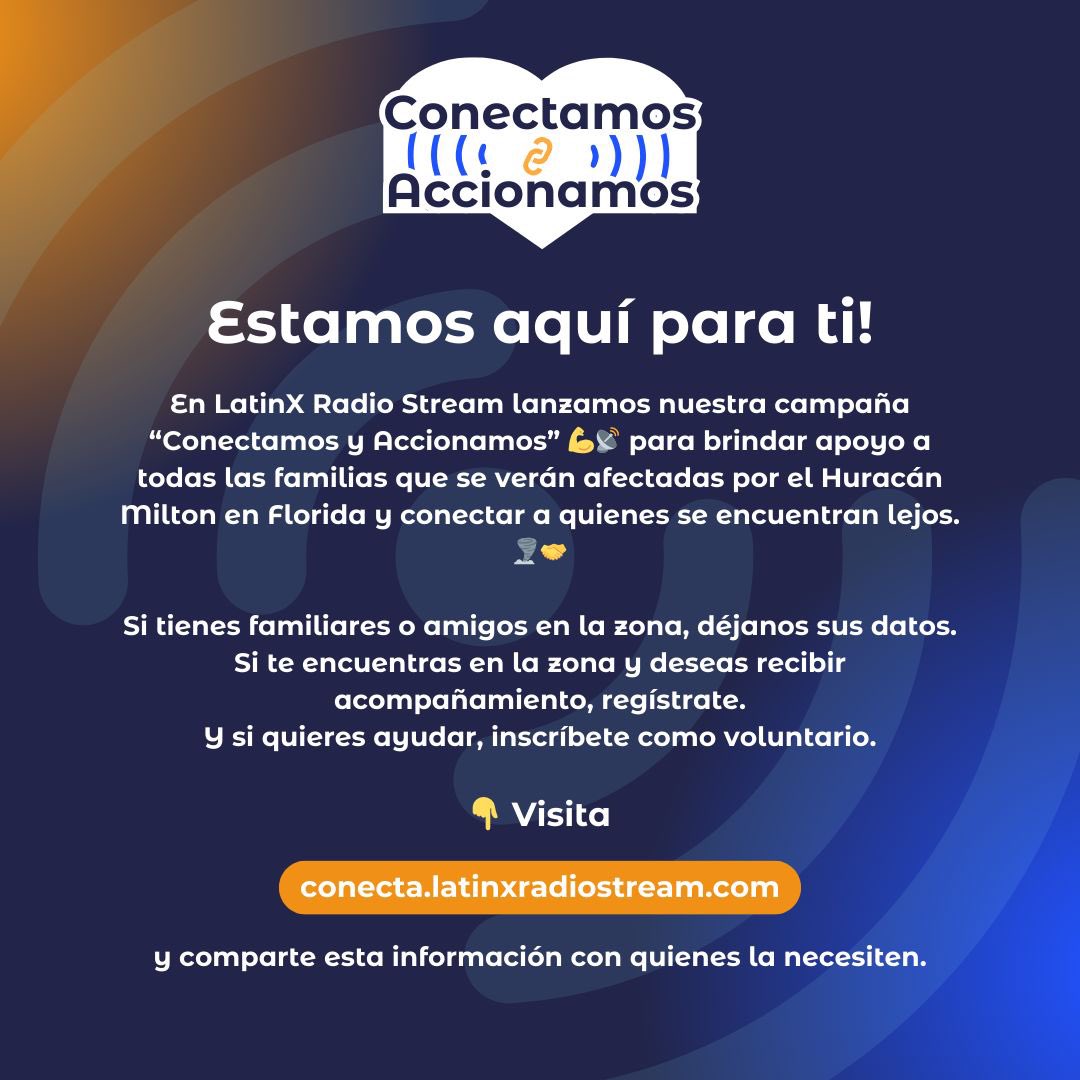 AstridDanney's tweet photo. 🚨 ¡Ayudemos a nuestra comunidad hispana! 🚨
“Conectamos y Accionamos” 💪📡   apoyo a todas los afectados por el Huracán Milton en Florida y conectar a quienes están lejos.

Regístrate aquí
 🔗 https://t.co/xO9iEGHf9d

#HuracanMilton #ConectamosYAccionamos #LatinXRadioStream https://t.co/wzhFJK2TNf