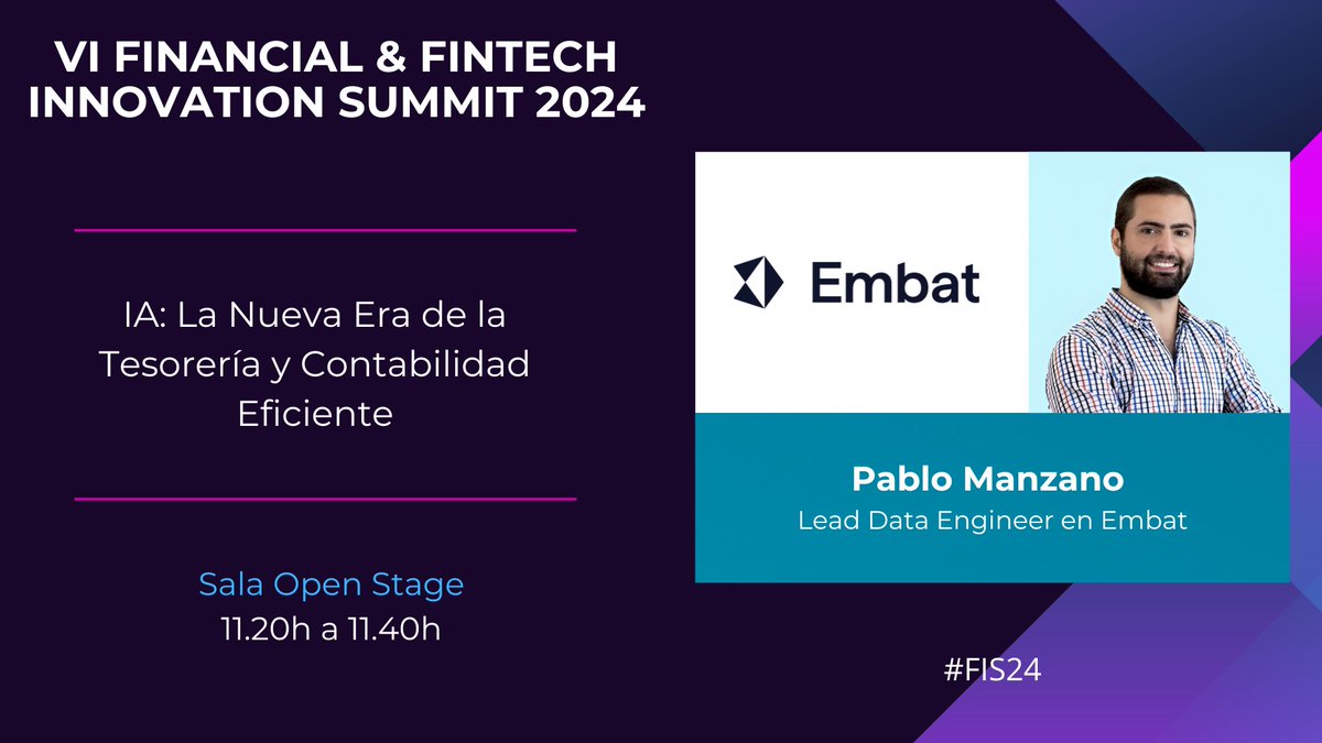 UrbanEventMkt's tweet image. 📣📣 Seguimos dando a conocer los 𝗽𝗼𝗻𝗲𝗻𝘁𝗲𝘀 del VI #FIS24. En este caso contaremos con una ponencia sobre &quot;𝗜𝗔: 𝗟𝗮 𝗡𝘂𝗲𝘃𝗮 𝗘𝗿𝗮 𝗱𝗲 𝗹𝗮 𝗧𝗲𝘀𝗼𝗿𝗲𝗿í𝗮 𝘆 𝗖𝗼𝗻𝘁𝗮𝗯𝗶𝗹𝗶𝗱𝗮𝗱 𝗘𝗳𝗶𝗰𝗶𝗲𝗻𝘁𝗲&quot; de la mano de 👨‍💼 Pablo Manzano, Lead Data Engineer en #Embat.…