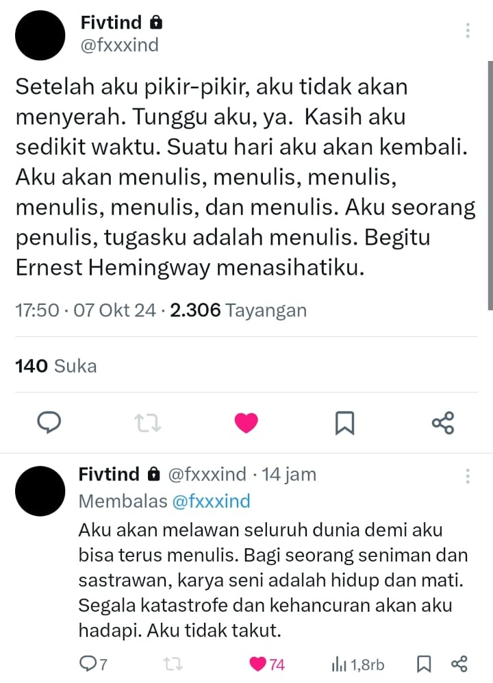 firstbites_'s tweet photo. Bagus! Jangan biarkan orang orang brengsek itu menghancurkanmu. Menulis adalah simbol perlawananmu terhadap dunia yang ga adil ini. 

Kamu seorang penulis dan ga ada yang bisa mengubahnya. https://t.co/Pwxqe6GuV7