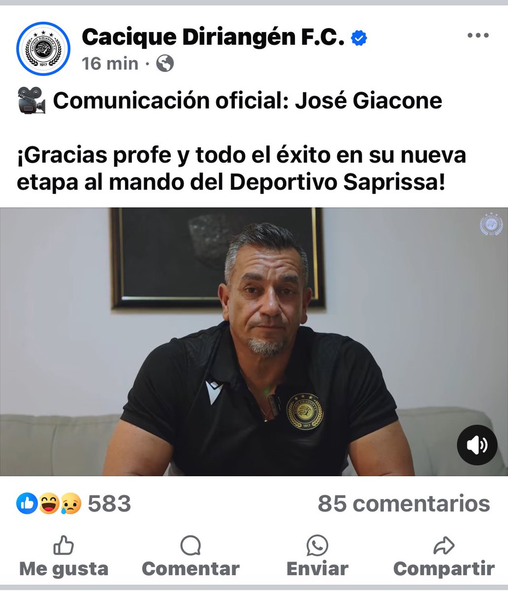 El Cacique Diriangén de Nicaragua comunica la salida de su técnico y le deseo éxitos en su nueva etapa en Saprissa.