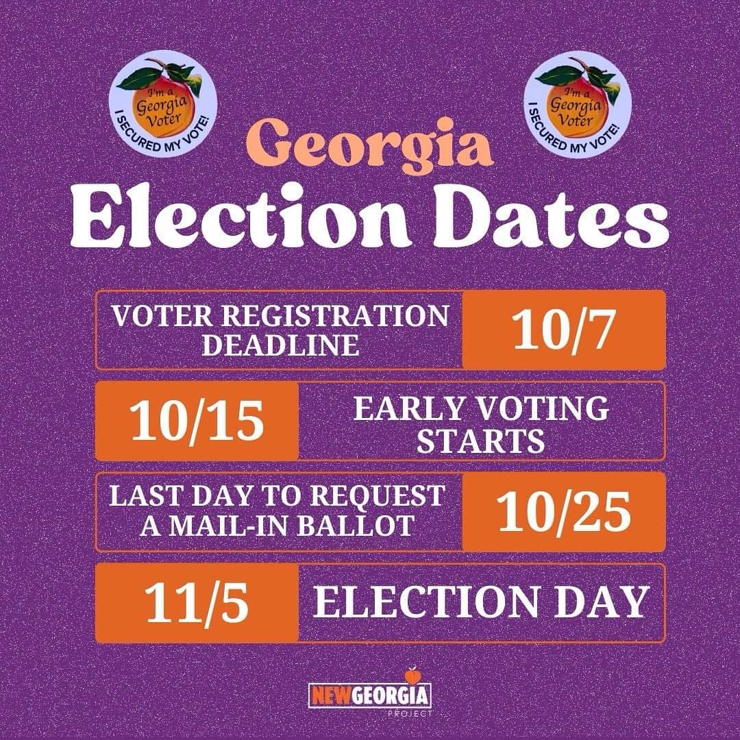 🗳️ Monday, Oct 7th is the last day to register to vote in GEORGIA 🍑 for the November election! You can register online, so make sure you check the Secretary of State's website to check your status. Don't miss your chance to make vour voice heard! 🗳️🗳️🗳️