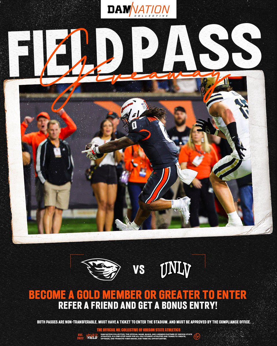 Dam Nation Collective (@damnationnil) on Twitter photo 🎉🚨
We’re giving away 2 pregame field passes for Gold and above Dam Nation members against UNLV! If you are not one, you can sign up now to enter, or if you are one you can refer a friend and gain a bonus entry!
Enter now: tinyurl.com/damnationapp
#GoBeavs <a href="/BeaverFootball/">Oregon State Football</a> 🎉🚨
We’re giving away 2 pregame field passes for Gold and above Dam Nation members against UNLV! If you are not one, you can sign up now to enter, or if you are one you can refer a friend and gain a bonus entry!
Enter now: tinyurl.com/damnationapp
#GoBeavs <a href="/BeaverFootball/">Oregon State Football</a>