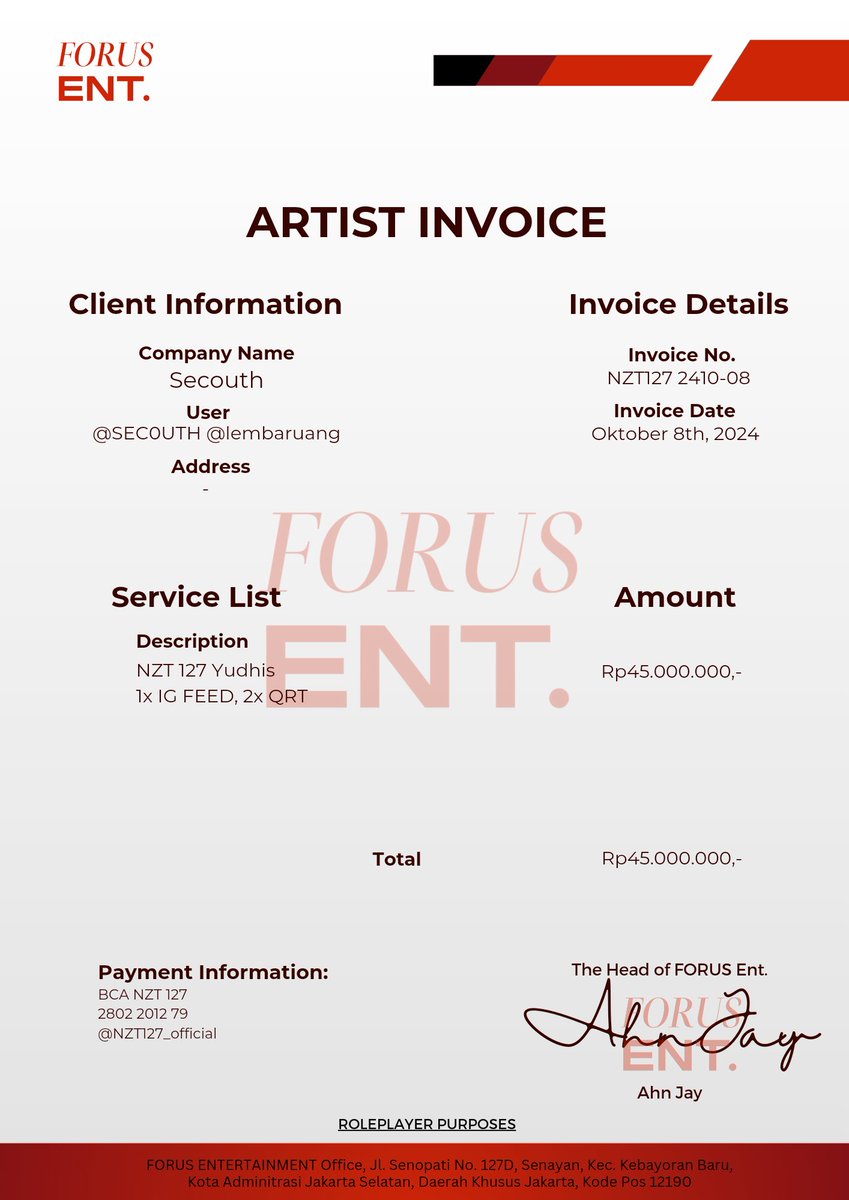 🌐 𝗜𝗡𝗩𝗢𝗜𝗖𝗘

Dear, <a href="/SEC0UTH/">SECOUTH.</a> <a href="/lembaruang/">Pratama, Daniel.</a>

Please review the invoice and let us know if you have any questions or require further information. The payment is due by October 15th, 2024. Thank you for your business.

Best regards,
NZT 127 &amp; FORUS Ent.