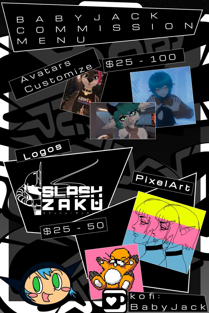 2024 Commission Menu

Feel free to reach out if you would like anything done 
or reach out to me on Discord ✌️

I'm also open to project consultancy if your team needs anything specific done for your worlds

ko-fi.com/babyjack