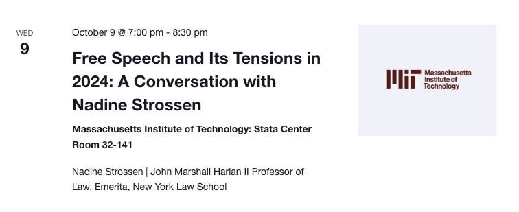 MIT Free Speech Alliance (@mitfreespeech) on Twitter photo If you're around <a href="/MIT/">Massachusetts Institute of Technology (MIT)</a> on Wednesday night, a chance to hear former ACLU President (& frequent MFSA debate moderator) Nadine Strossen as part of GMU Law's Voices for Liberty Series! Info at link.
cc: <a href="/cafharvard/">Council on Academic Freedom at Harvard</a> <a href="/MITCDP/">MIT Civil Discourse Project</a> <a href="/byrne_a/">Alex Byrne</a> <a href="/bradford_skow/">Brad Skow</a> <a href="/MIT_CAF/">MIT Council on Academic Freedom</a>
voicesforliberty.law.gmu.edu/event/title-fr… If you're around <a href="/MIT/">Massachusetts Institute of Technology (MIT)</a> on Wednesday night, a chance to hear former ACLU President (& frequent MFSA debate moderator) Nadine Strossen as part of GMU Law's Voices for Liberty Series! Info at link.
cc: <a href="/cafharvard/">Council on Academic Freedom at Harvard</a> <a href="/MITCDP/">MIT Civil Discourse Project</a> <a href="/byrne_a/">Alex Byrne</a> <a href="/bradford_skow/">Brad Skow</a> <a href="/MIT_CAF/">MIT Council on Academic Freedom</a>
voicesforliberty.law.gmu.edu/event/title-fr…