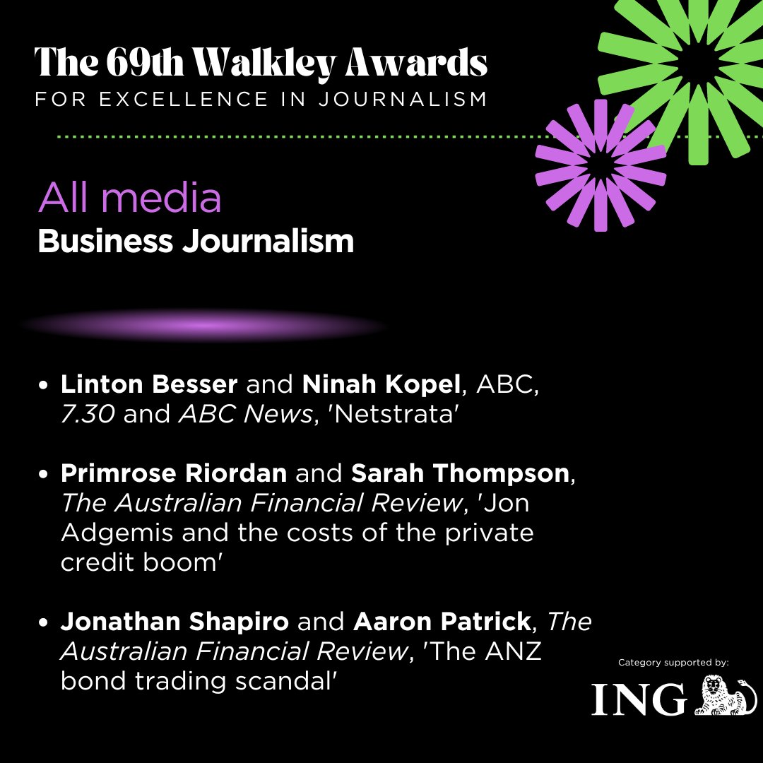 Walkley Foundation (@walkleys) on Twitter photo Congratulations to the 2024 Walkley Business finalists, supported by <a href="/ING_Aust/">ING Australia</a>: Linton Besser (<a href="/lb_online/">Linton Besser</a>), <a href="/NinahKopel/">Ninah Kopel</a>, <a href="/abcnews/">ABC News</a>, 7:30; <a href="/primroseriordan/">Primrose Riordan</a>, Sarah Thompson, <a href="/FinancialReview/">Financial Review</a>; Jonathan Shapiro, Aaron Patrick, <a href="/FinancialReview/">Financial Review</a>. #walkleys walkleys.com/2024-walkley-b⦠Congratulations to the 2024 Walkley Business finalists, supported by <a href="/ING_Aust/">ING Australia</a>: Linton Besser (<a href="/lb_online/">Linton Besser</a>), <a href="/NinahKopel/">Ninah Kopel</a>, <a href="/abcnews/">ABC News</a>, 7:30; <a href="/primroseriordan/">Primrose Riordan</a>, Sarah Thompson, <a href="/FinancialReview/">Financial Review</a>; Jonathan Shapiro, Aaron Patrick, <a href="/FinancialReview/">Financial Review</a>. #walkleys walkleys.com/2024-walkley-bā¦
