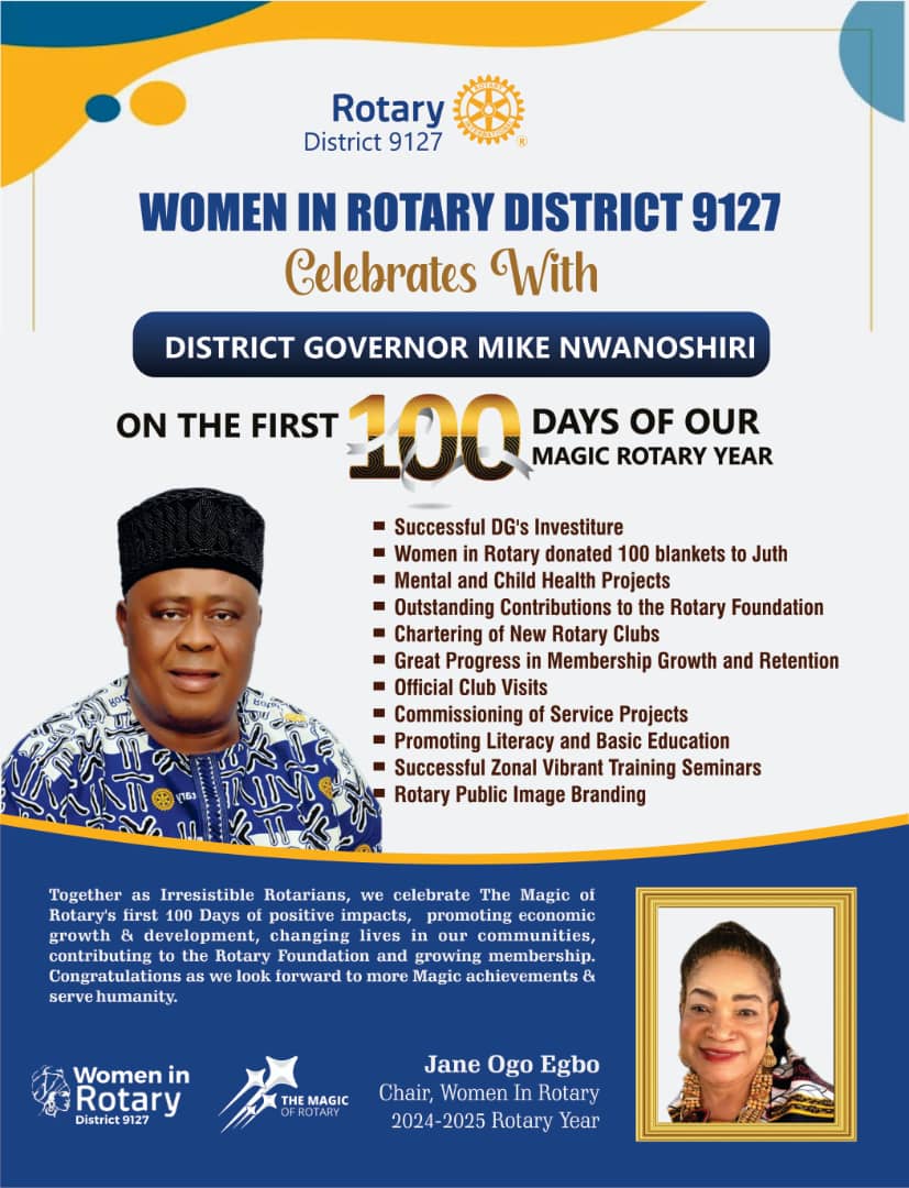 wirdistrict9127's tweet photo. *WOMEN IN ROTARY DISTRICT 9127*

*CELEBRATING THE FIRST 100 DAYS OF OUR MAGIC ROTARY YEAR*

Cheers to District Governor Mike Ukachi Nwanoshiri for his outstanding achievements in his first 100 days in office.

Today, we honour, appreciate, and celebrate an exemplary and inspirin https://t.co/dBoJKOLmGJ