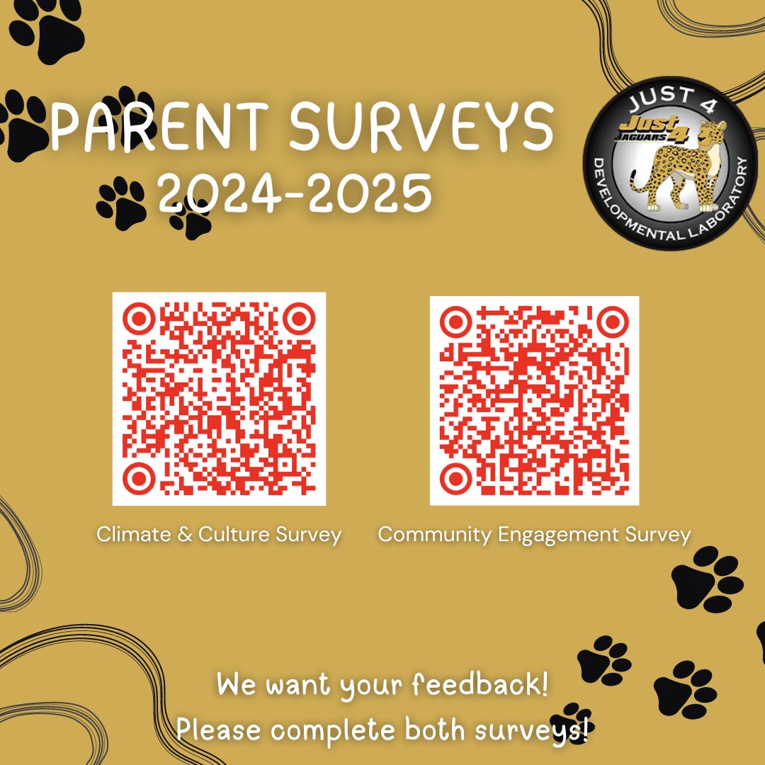 🐆🐾Just 4 families-
Please take a few moments and complete both surveys below. Use the QR codes or the links. 

Community Engagement
Survey: eprovesurveys.advanc-ed.org/surveys/#/acti…

Climate and Culture
Survey: eprovesurveys.advanc-ed.org/surveys/#/acti…