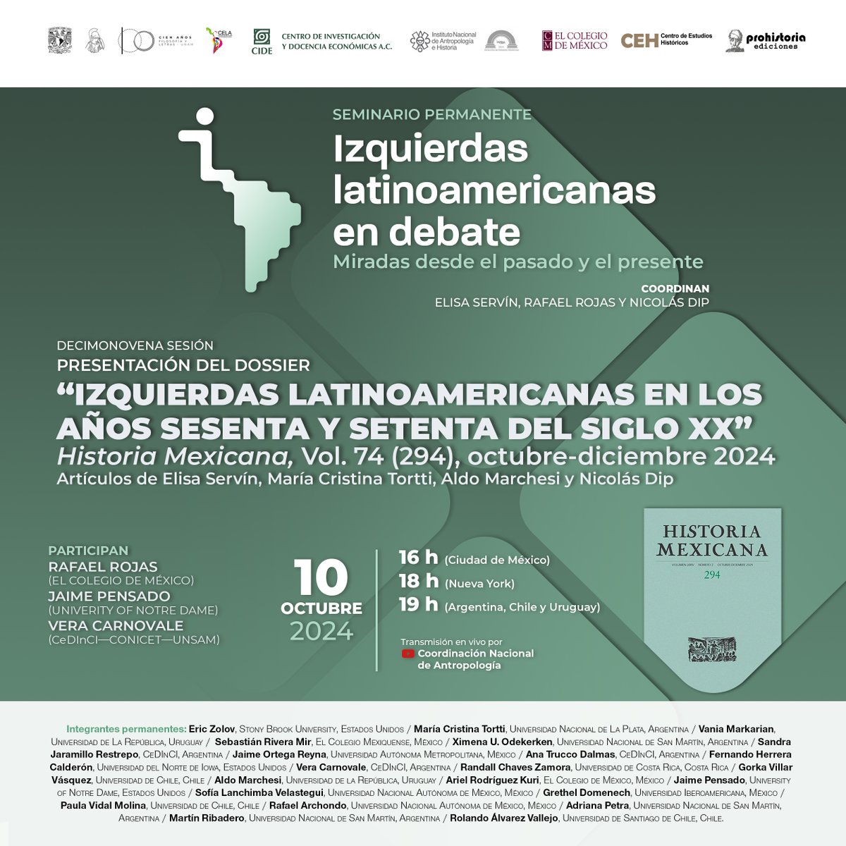 RHisto_Mex's tweet image. 🟢Este jueves 10 de octubre sigue la sesión del Seminario Permanente 'Izquierdas latinoamericanas en debate' donde se discutirá el dossier "Izquierdas latinoamericanas en los años sesenta y setenta del siglo XX", parte del número 294 de nuestra revista.
📹youtube.com/watch?v=vhuu9S…