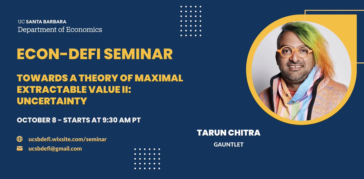 UCSBDeFi's tweet image. Come check the guest talk this week with @tarunchitra about Uncertainty on tomorrow 9:30am!
Zoom: ucsb.zoom.us/j/81553018122
#ucsbdefi #Gradforgrad
